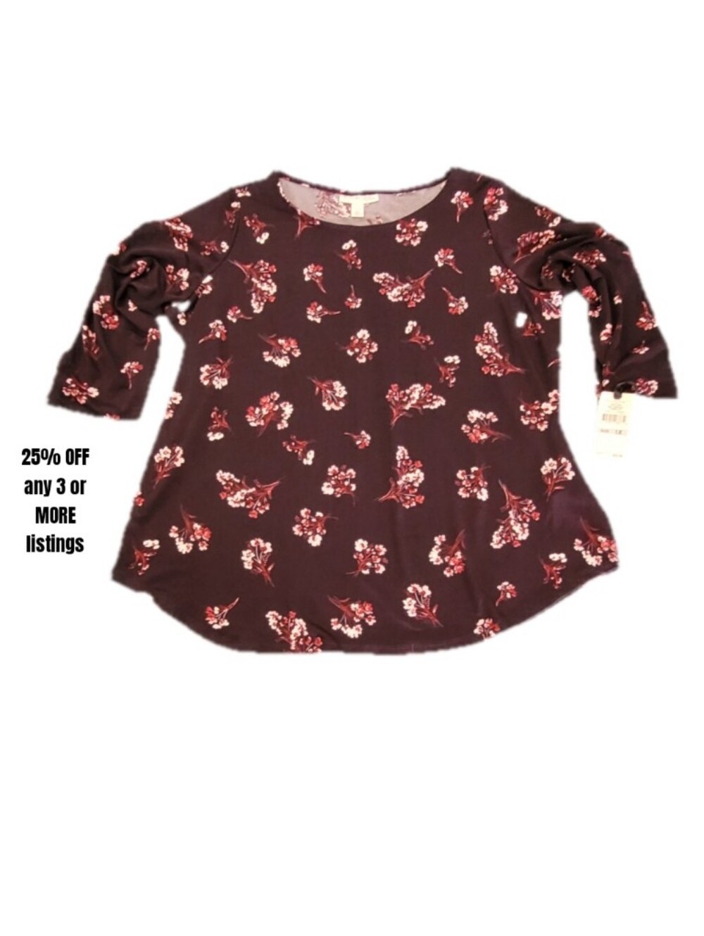 Floral Womens Plus Size 1X Long-Sleeve Top Burgundy Cottage Core Prairie Fall